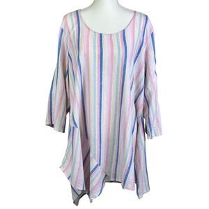Jones & Co Top Women Size 1X Linen Blend Pastel Multi Stripes Coastal Lagenlook